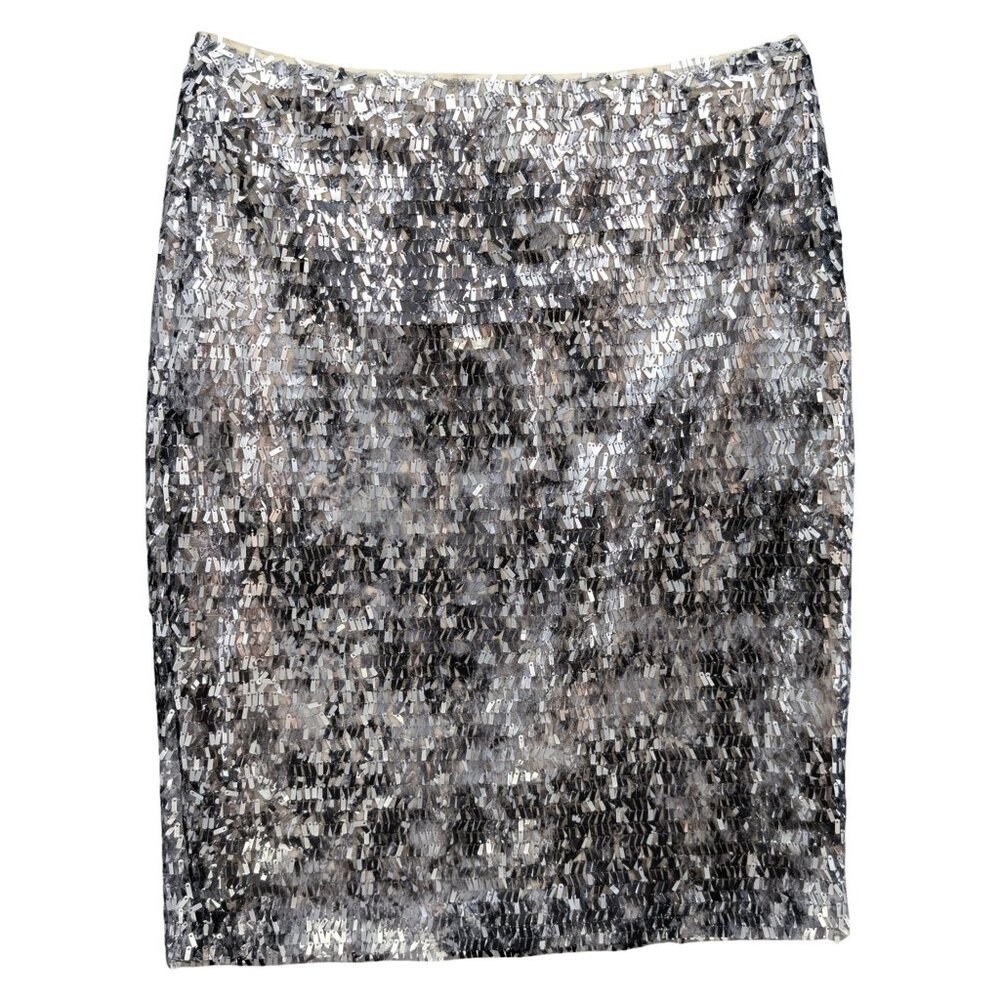 Josie Natori Sequin Straight Skirt Womens Black Silver Metallic Lined Size 2